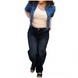 NEW COZY CO. rhinestone washed denim short sleeve shrug top in blue